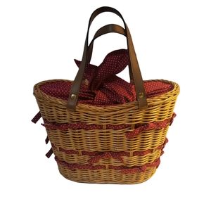 Basket Purse Red Polkadot cloth lining tie closure wicker cottagecore prairie